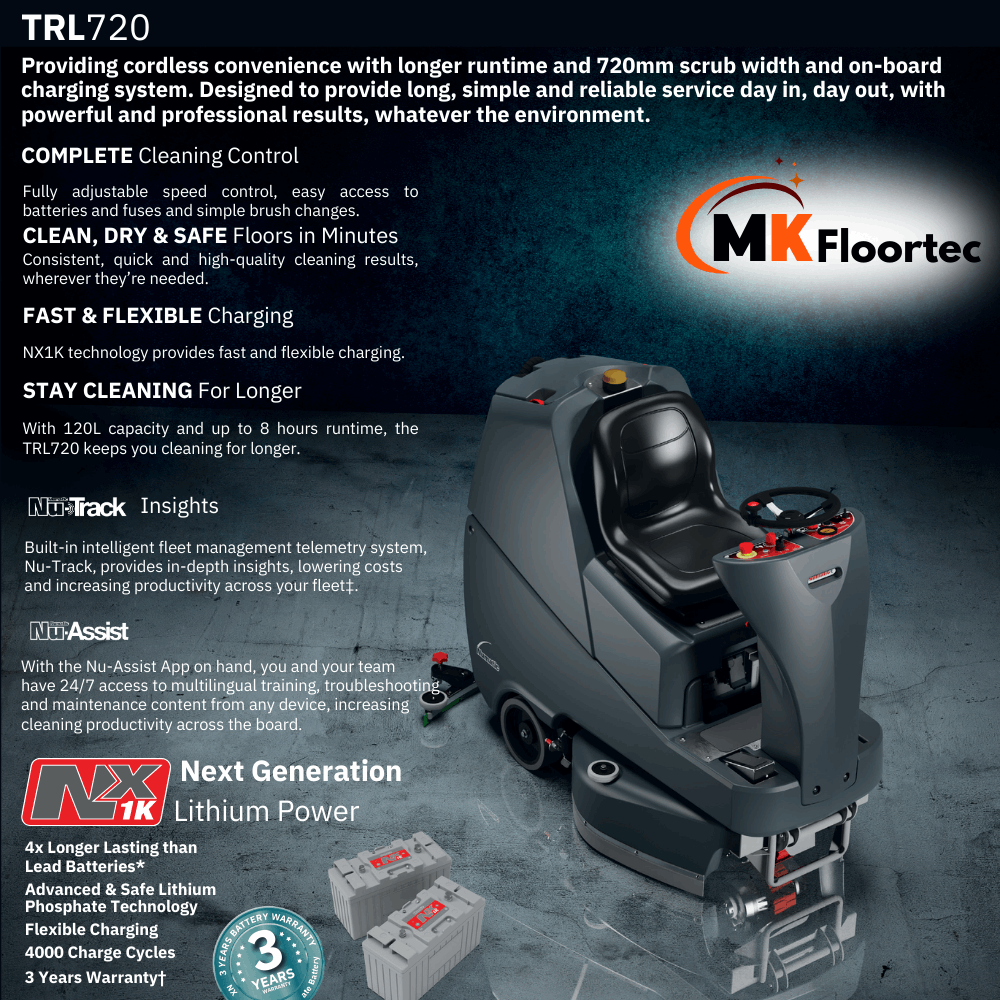 Numatic TRL720 ride-on scrubber dryer featuring a long-lasting Lithium batteries for extended run time and quick charging.