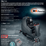 Numatic TRL720 ride-on scrubber dryer featuring a long-lasting Lithium batteries for extended run time and quick charging.