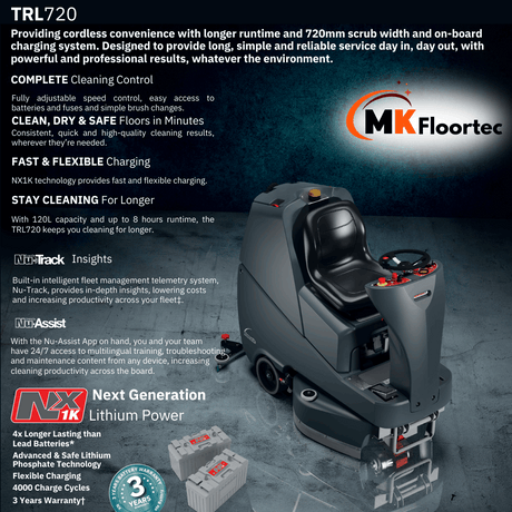 Numatic TRL720 ride-on scrubber dryer featuring a long-lasting Lithium batteries for extended run time and quick charging.