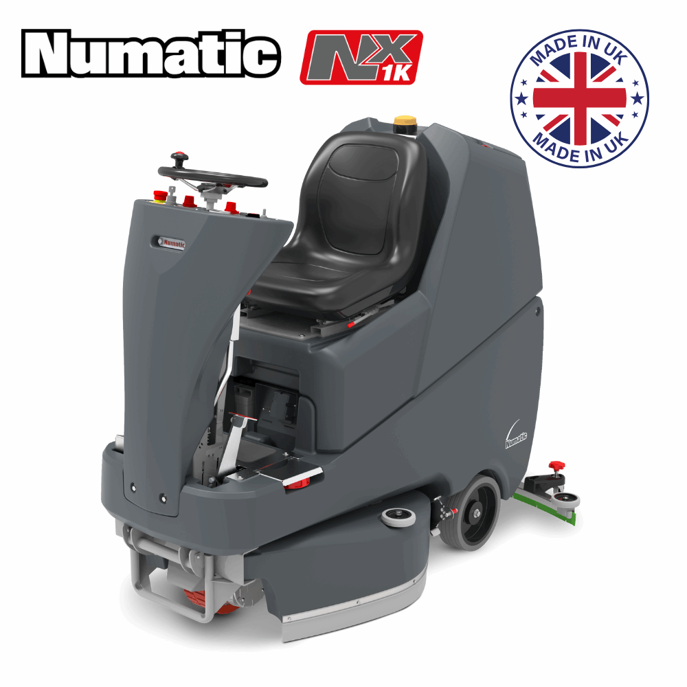 The Numatic TRL720 is a cordless ride-on scrubber dryer that excels in one-pass cleaning for large commercial spaces.