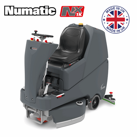 The Numatic TRL720 is a cordless ride-on scrubber dryer that excels in one-pass cleaning for large commercial spaces.