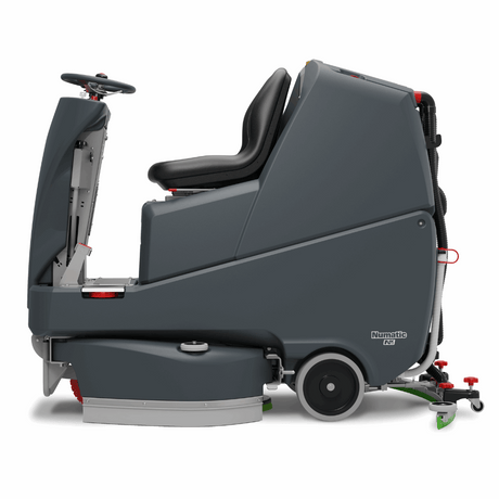 Industrial Numatic TVL850 ride-on scrubber dryer, featuring a 120-litre capacity for professional cleaning of expansive spaces. 