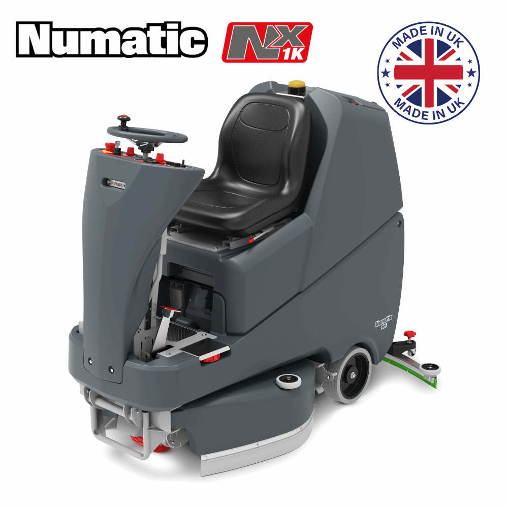 Numatic TVL850 scrubber dryer with 120L capacity, optimised for large area cleaning, utilizing Lithium batteries for extended use. 