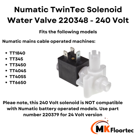 Numatic TwinTec Solenoid Water Valve 220348 - 240 Volt