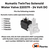 Numatic 220379 solenoid valve, 24V, ensures water flow for most Numatic TT battery scrubber dryers.
