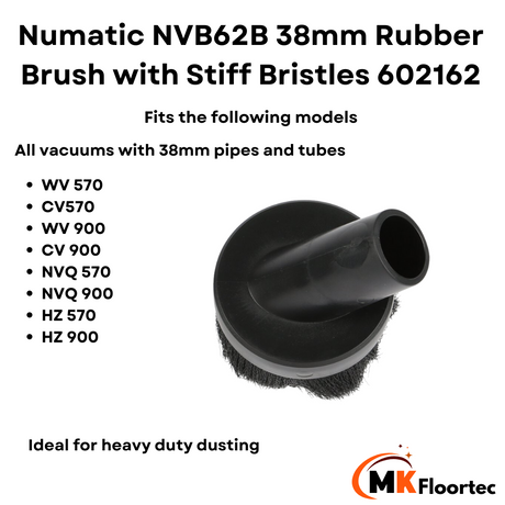 Stiff-bristled rubber brush for Numatic NVB62B vacuum cleaner, featuring a 38mm fitting for optimal cleaning performance.