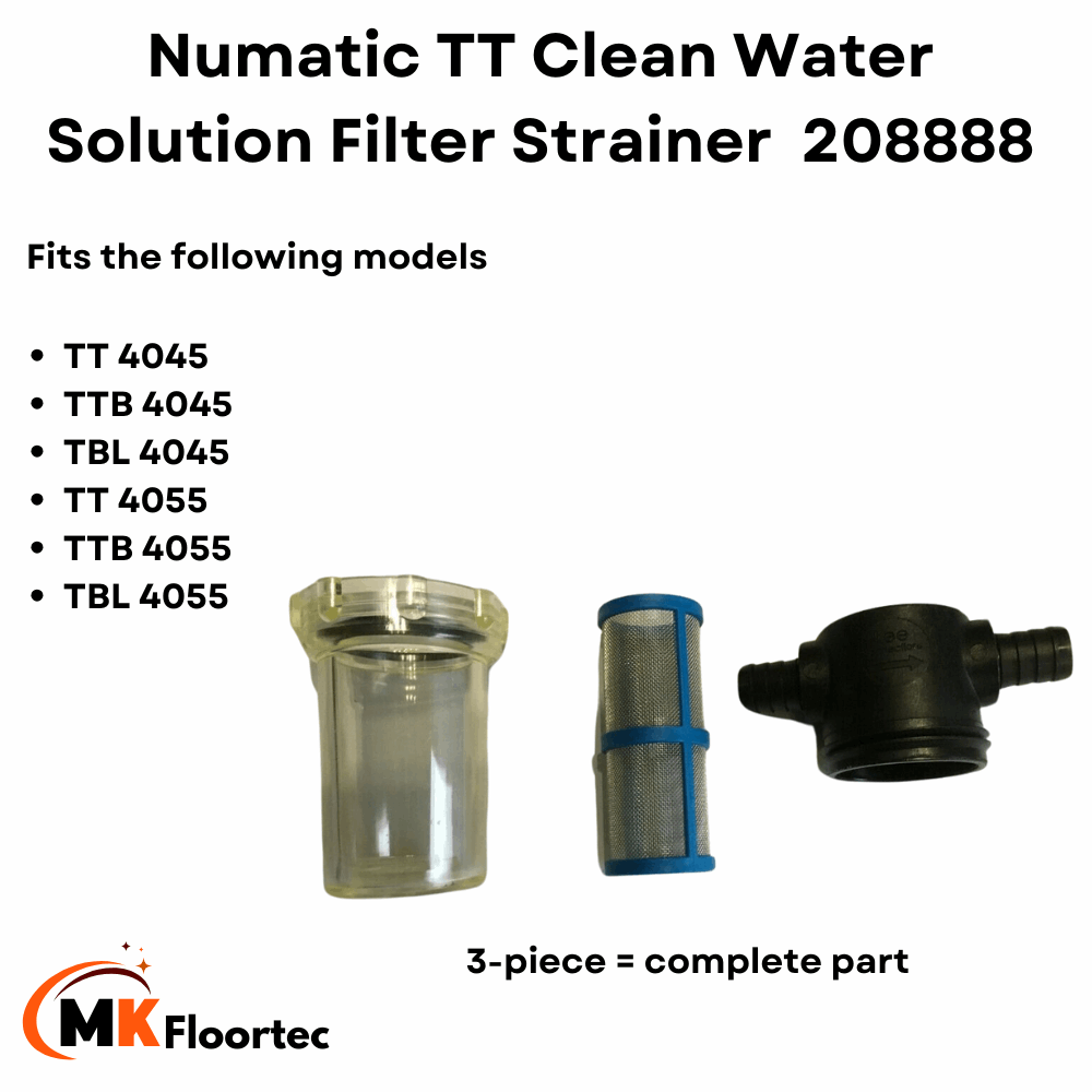 Clean water filter strainer assembly for Numatic TT4045 scrubber dryers, model 208888, designed for efficient filtration.