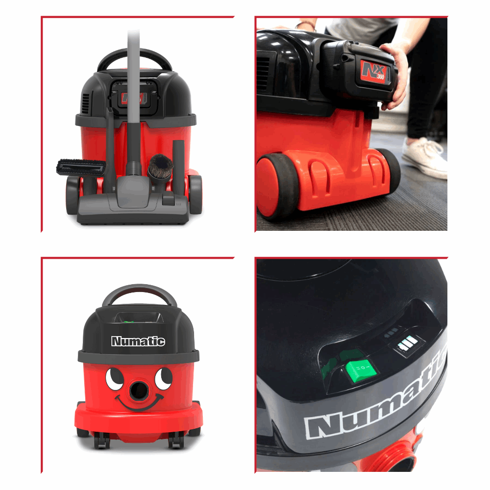 Numatic NBV240NX cordless vacuum cleaner, designed for commercial use, featuring powerful battery operation for efficient and safe cleaning
