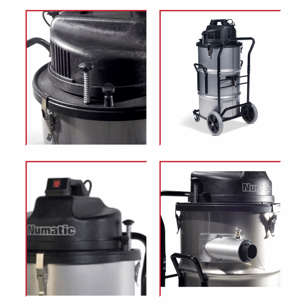 Numatic NTD2003 Industrial Dry Vacuum Cleaner, 60L capacity, twin motors, heavy-duty steel body, trolley-mounted for easy mobility. 