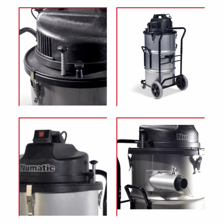 Numatic NTD2003 Industrial Dry Vacuum Cleaner, 60L capacity, twin motors, heavy-duty steel body, trolley-mounted for easy mobility. 