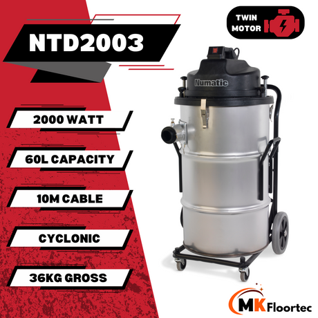 Numatic NTD2003 powerful dry vacuum cleaner with a 60L capacity, twin motors, and a sturdy steel construction for durability. Specification
