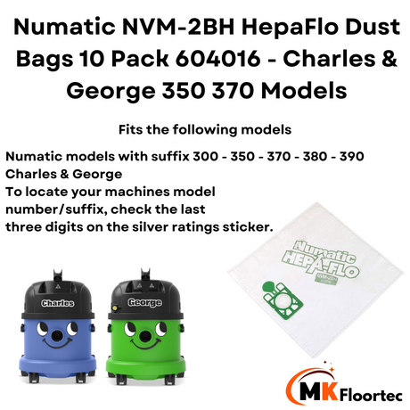 Numatic NVM-2BH HepaFlo Dust Bags 10 Pack 604016 - Charles & George 350 370 Models