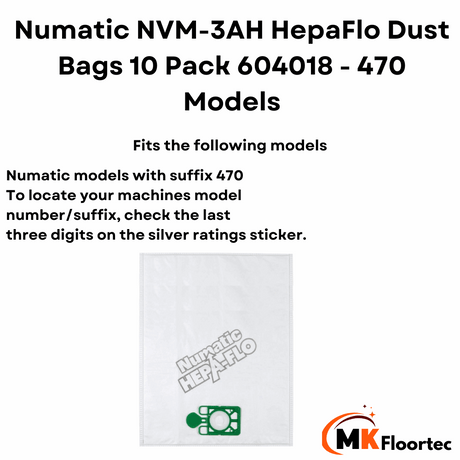 Pack of 10 Numatic NVM-3AH HepaFlo vacuum cleaner dust bags, compatible with 470 models for efficient dust collection.