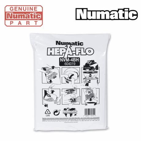 Pack of 10 genuine Numatic NVM-4BH HepaFlo dust bags for industrial vacuum cleaners, suitable for HZ 750 & 900 models. 