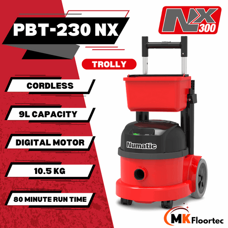 Numatic PBT230NX battery-powered vacuum cleaner with trolley, perfect for commercial cleaning tasks, offering cordless mobility.