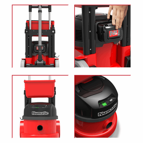 Numatic PBT230NX Cordless Henry vacuum cleaner with trolley, designed for commercial use and powered by interchangeable battery. 
