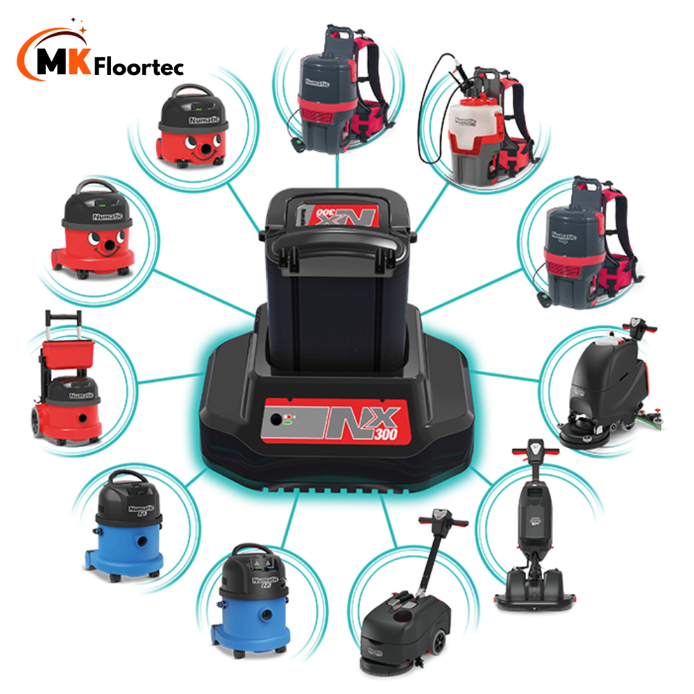 Numatic NX300 battery-powered cleaning machines, including cordless scrubber dryers and vacuum cleaners for efficient cleaning.  MK Floortec