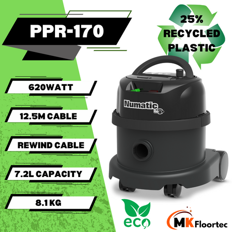 Numatic PPR170 ProVac Reflo Commercial Henry Vacuum Cleaner in black, 25% recycled plastic designed for efficient cleaning.  