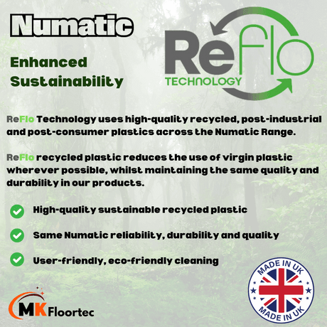 Sustainable Numatic floor scrubbers and vacuums made from recycled plastic using RE-flo technology for eco-friendly cleaning. MK Floortec