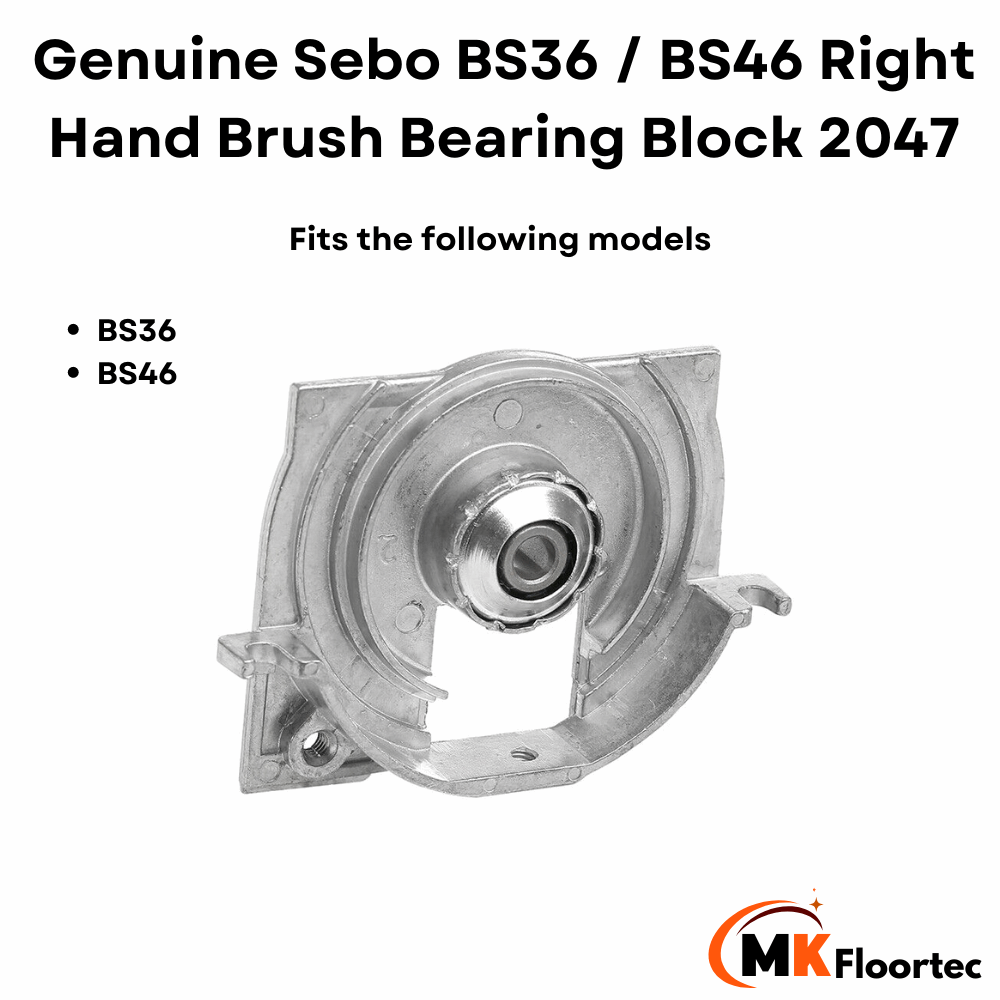 Genuine Sebo right-hand brush bearing block 2047 for BS36, BS46, and Comfort vacuum cleaner brush rollers. 