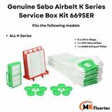 Sebo Airbelt K vacuum cleaner service box kit 6695ER, includes dust bags and filters for maintaining peak performance.  
