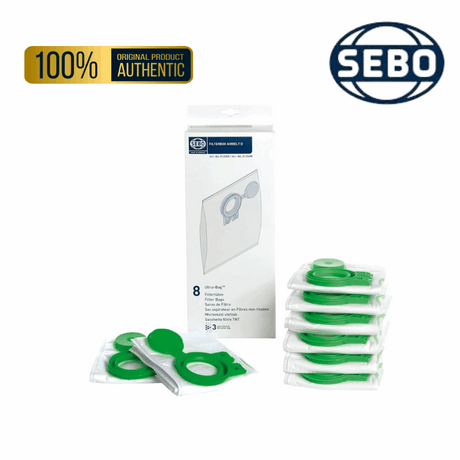 Genuine Sebo vacuum cleaner dust bags for models D4, D8, D9, 8120ER, box of 8, designed for optimal dust collection. 8120ER