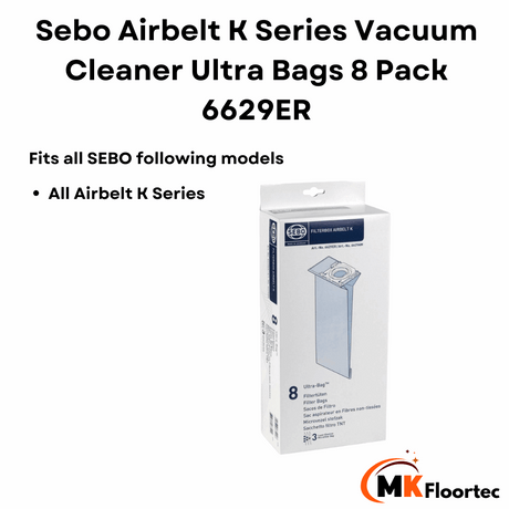 Pack of 8 genuine Sebo Airbelt K series Ultra vacuum cleaner dust bags, model 6629ER, designed for optimal performance.