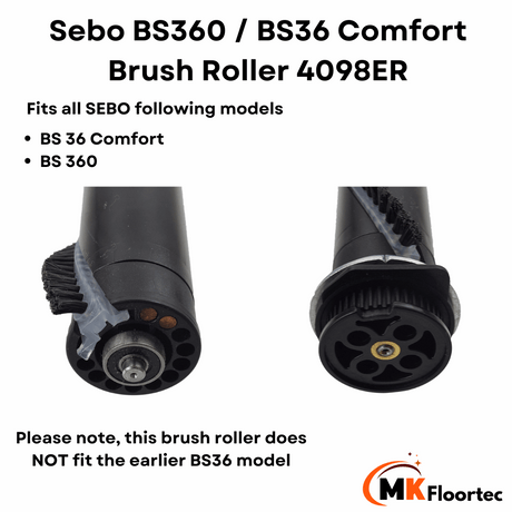 Sebo BS360 vacuum cleaner brush roller, 36cm, with black brush strip and integrated belt pulley, part number 4098ER. 