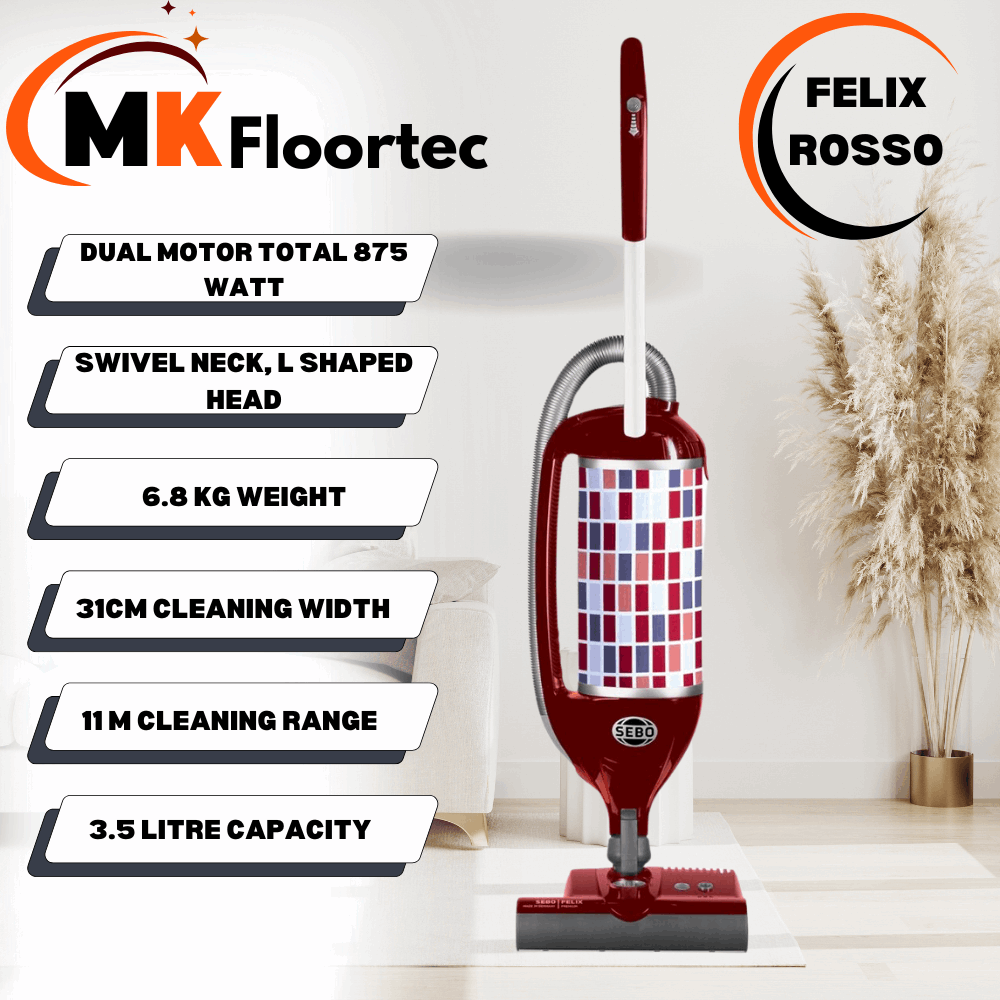 SEBO FELIX Rosso vacuum features crevice and upholstery nozzles, with a Kombi head for optimal performance on hard surfaces.