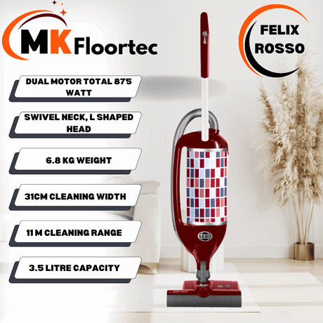 SEBO FELIX Rosso vacuum features crevice and upholstery nozzles, with a Kombi head for optimal performance on hard surfaces.