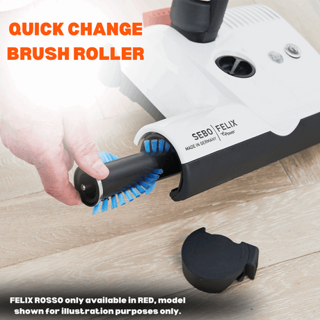 SEBO FELIX Rosso upright vacuum cleaner with removable brush roller for easy maintenance and hair detangling. 