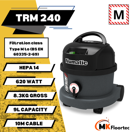 Numatic TRM240 M-Class vacuum cleaner: 9L capacity, HEPA 14 filtration, and a robust motor for reliable site compliance.