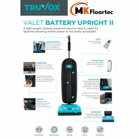 Truvox Valet Battery Upright Commercial Vacuum Cleaner Cordless VBU
