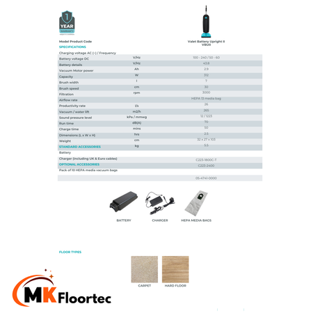 Truvox Valet Battery Upright Commercial Vacuum Cleaner Cordless VBU - M.K. Floortec Services Ltd